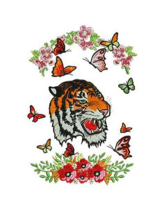 Tiger with flowers design for embroidery